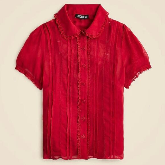 J Crew Women's Sheer Lace Trim Button Up Shirt Size 0 Red Short Sleeve - Picture 16 of 16